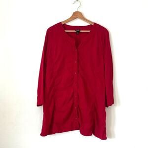 Eileen Fisher – Red Linen Blend Button-Front Tunic Top